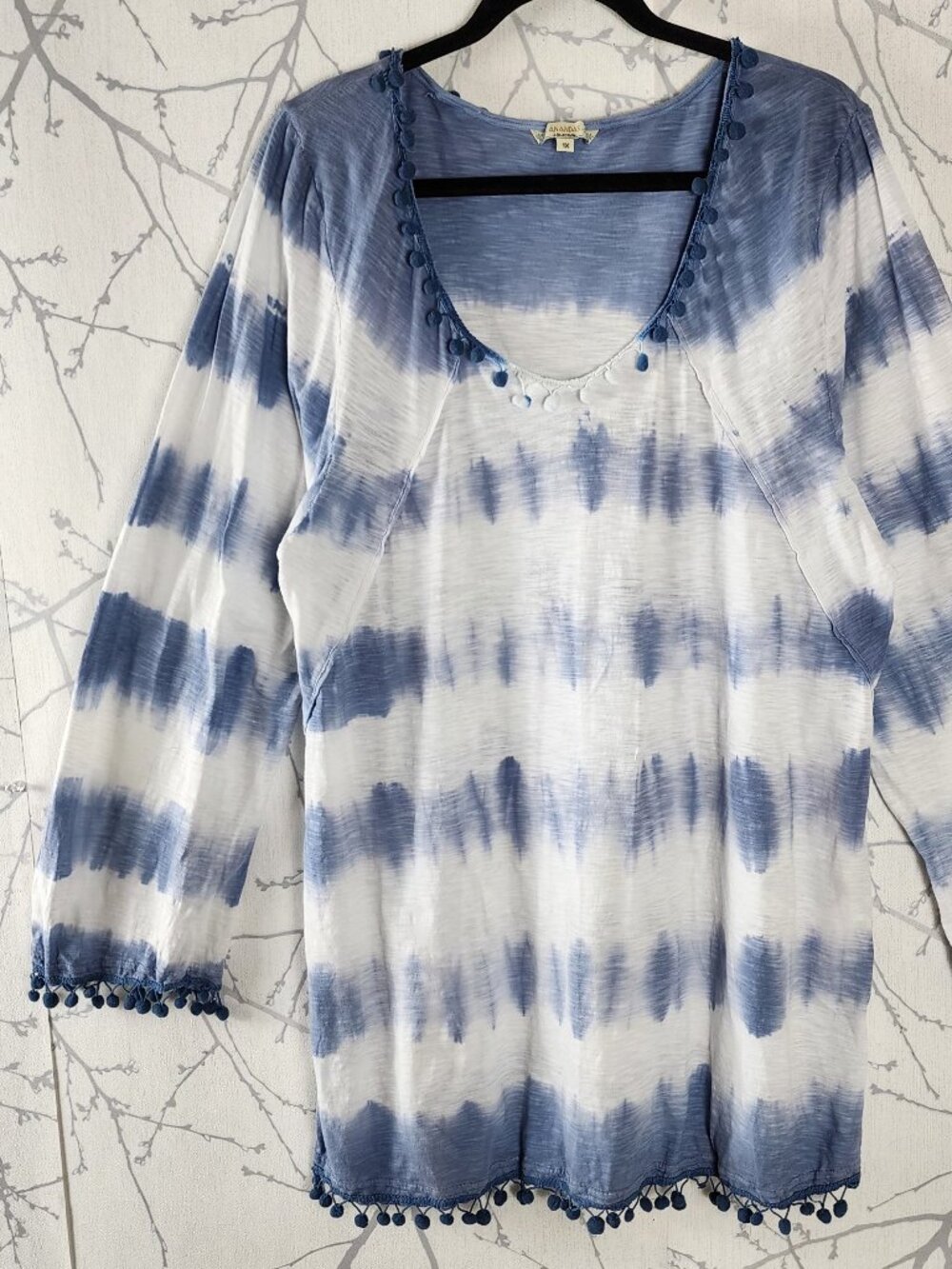 Ananda's Blue Tie Dye Stripe Cotton Tassel Round Neck Tunic